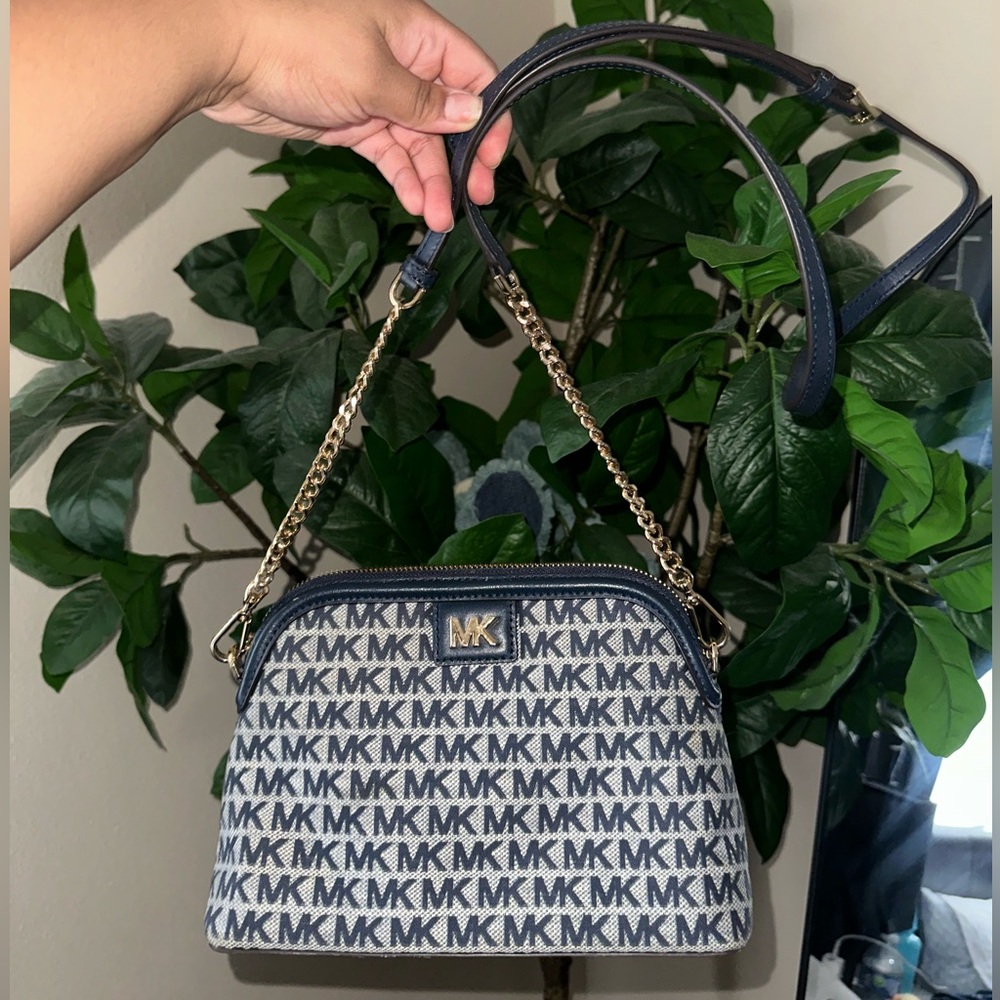 Michael Kors Navy Blue monogram chain detail crossbody